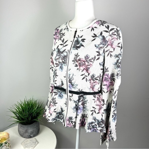 Bagatelle Womens Perforated Vegan Leather Peplum Jacket Floral Print Medium - Picture 2 of 13